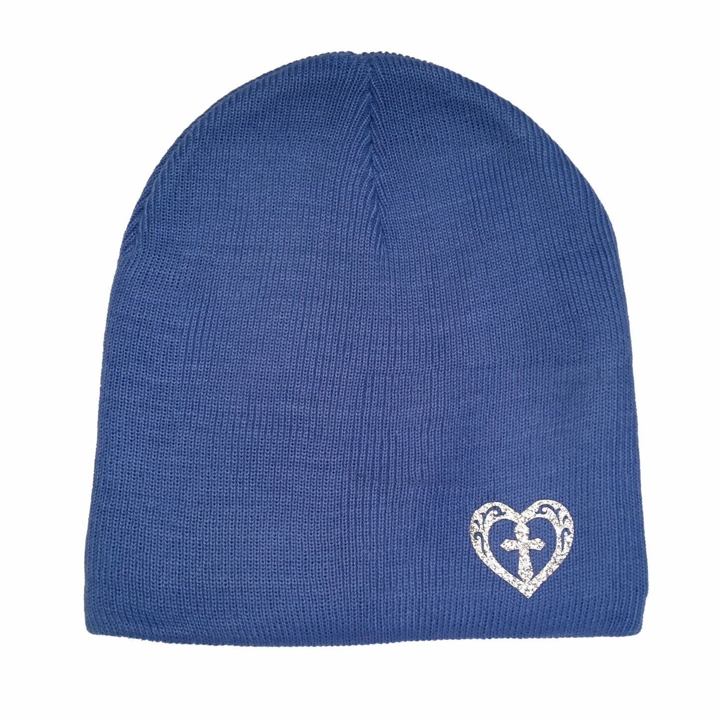 Blue beanie with a heart and cross design on a white background