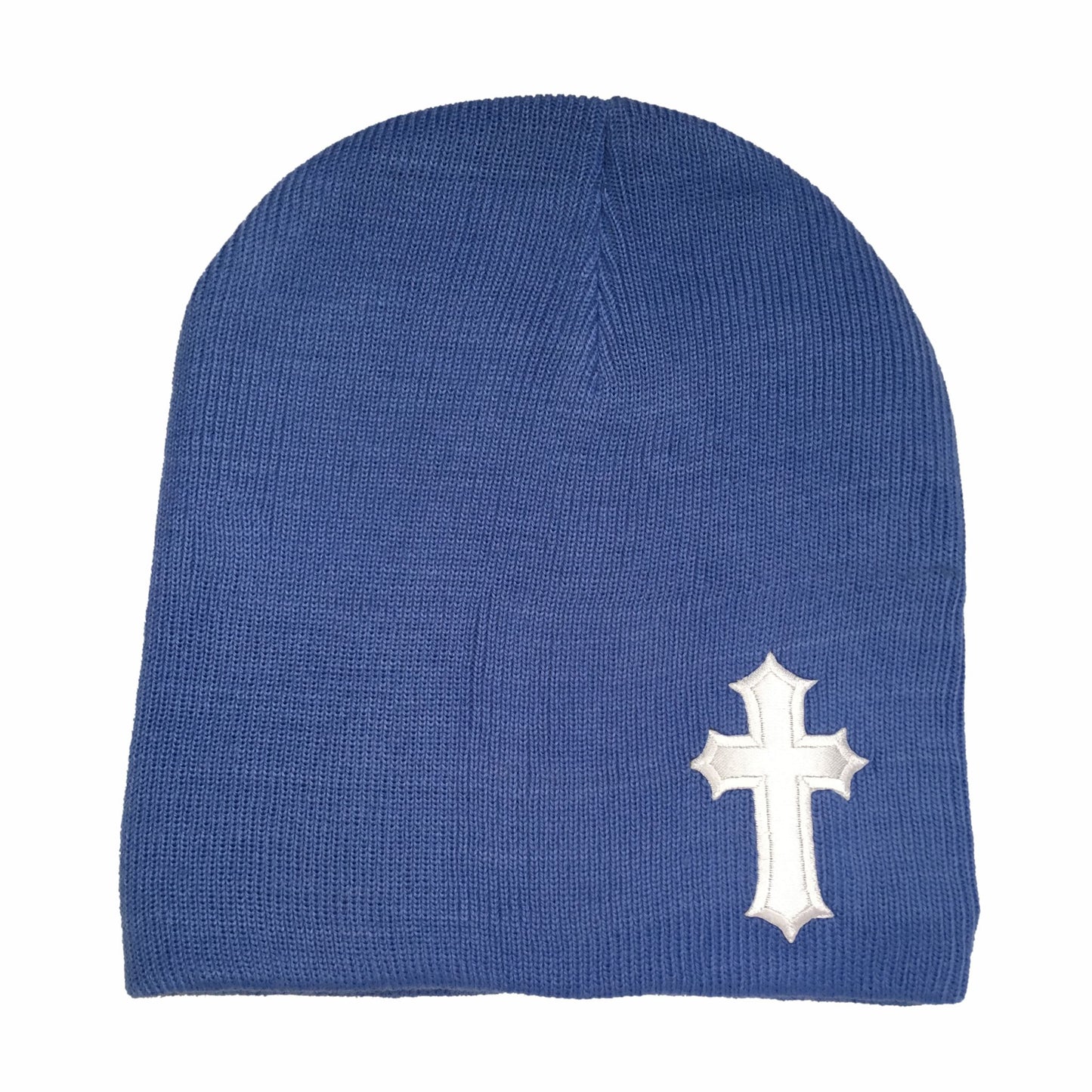 Blue Fitted Skull Cap Beanie With White Satin Christian Cross