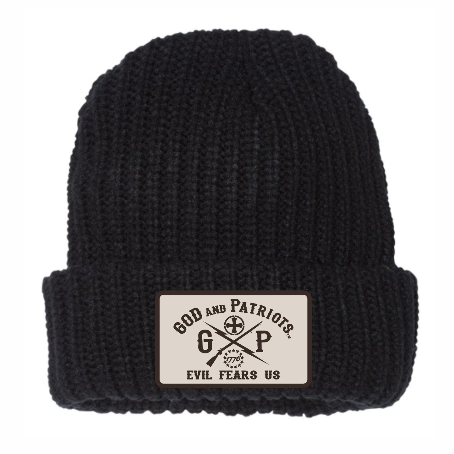 Black Cuffed Chunky Knit Beanie With GP Evil Fears Us Logo Patch