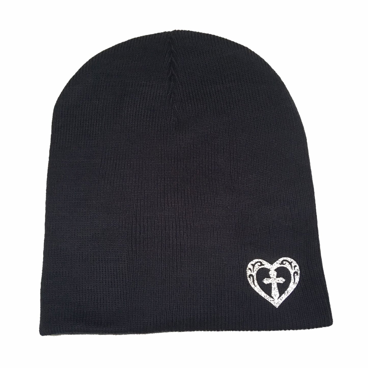 Navy Blue Fitted Skull Cap Beanie With Silver Sparkle Heart Cross