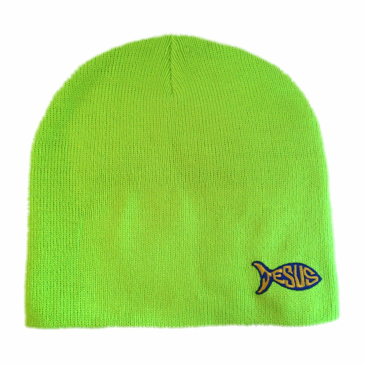 Jesus Fish Fitted Skull Cap Beanie in Neon Green