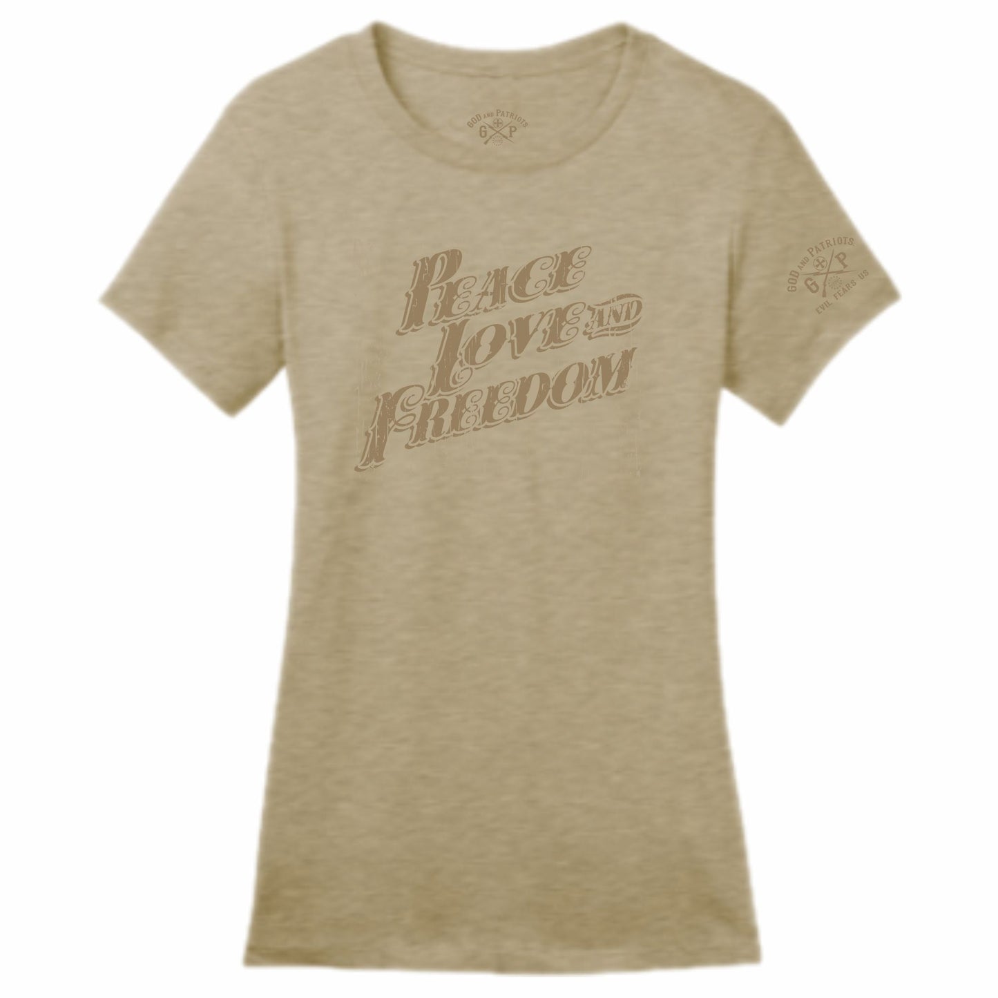 Peace Love And Freedom Women's Patriotic T-Shirt (heather tan)