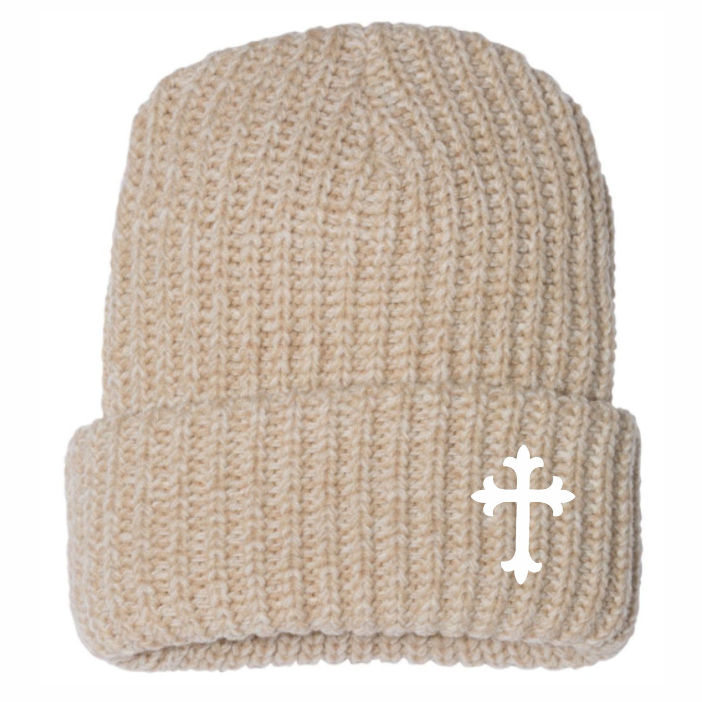 Saints Latin Cross Cuffed Chunky Knit Beanie Oatmeal (Tan)