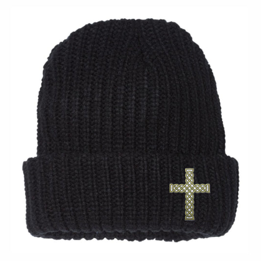 Black Cuffed Chunky Knit Beanie With Black/Gold Rope Cross