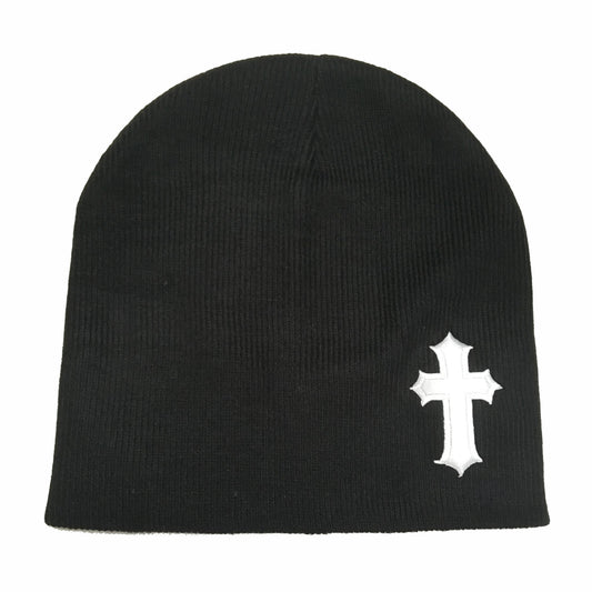 Black Fitted Skull Cap Beanie With White Satin Christian Cross