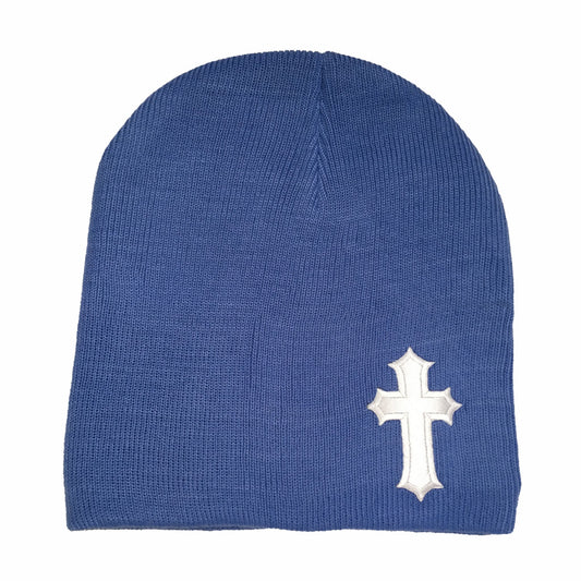 Blue Fitted Skull Cap Beanie With White Satin Christian Cross