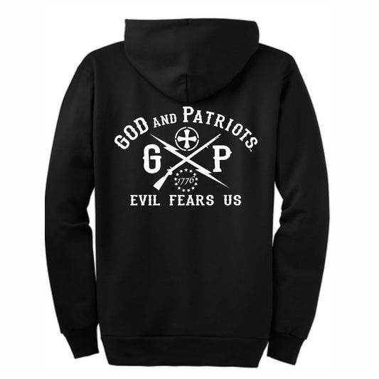 Evil Fears Us God And Patriots Patriotic Zip-Up Hoodie