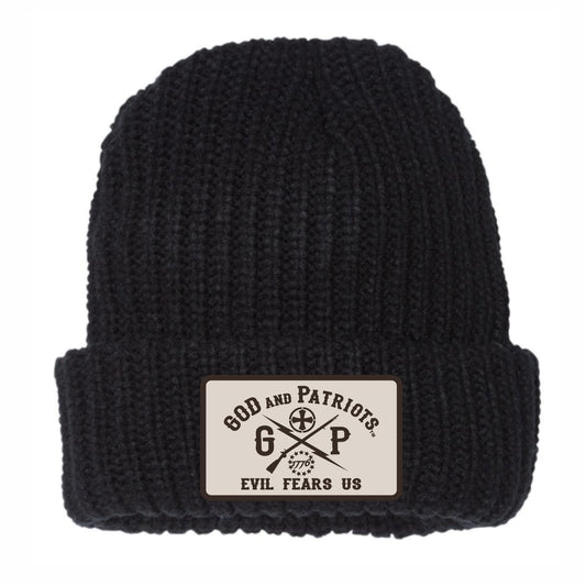 Black Cuffed Chunky Knit Beanie With GP Evil Fears Us Logo Patch