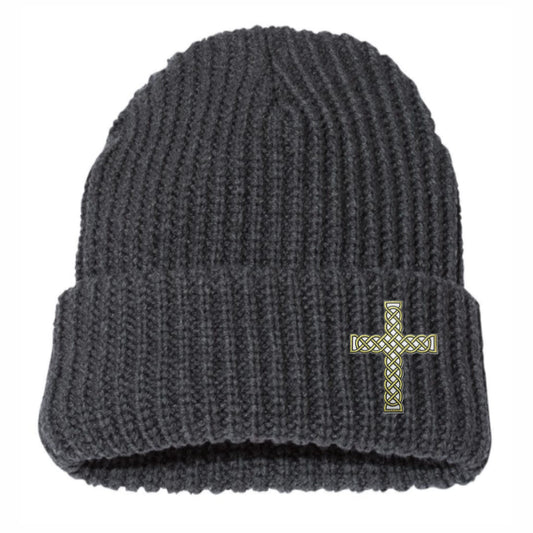 Gray Cuffed Chunky Knit Beanie With Black/Gold Rope Cross