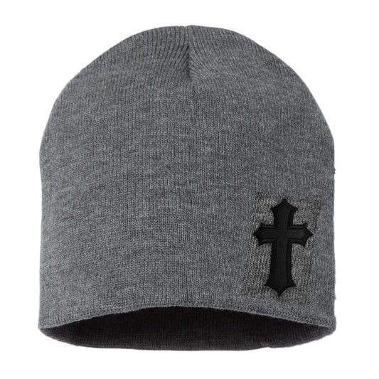 Heather Gray Fitted Skull Cap Beanie With Black Satin Christian Cross
