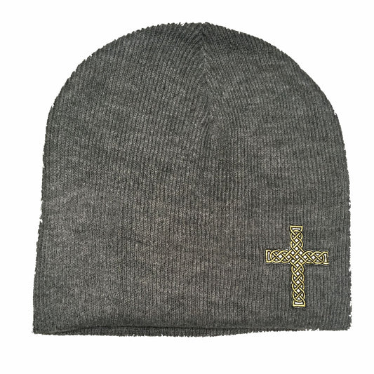 Heather Gray Fitted Skull Cap Beanie With Christian Rope Cross