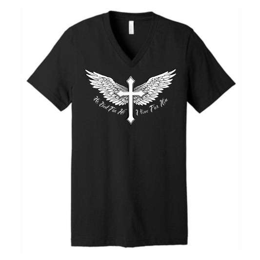 He Died I Live Wings & Cross Women's Christian V-Neck T-Shirt (black)