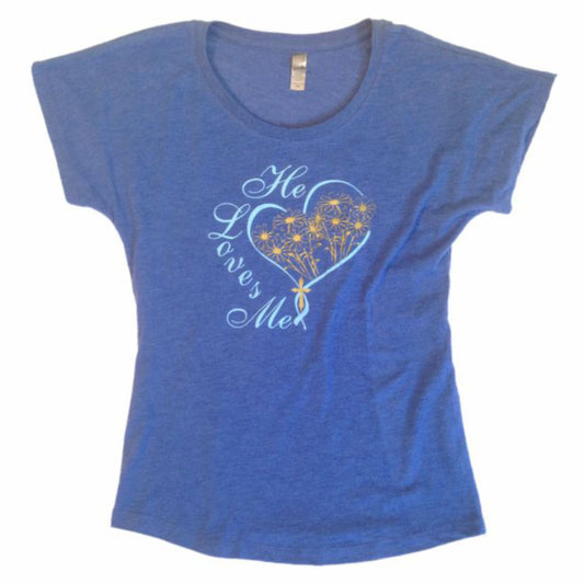 He Loves Me Heart & Flowers Women's Christian Dolman Sleeve T-Shirt (vintage royal)