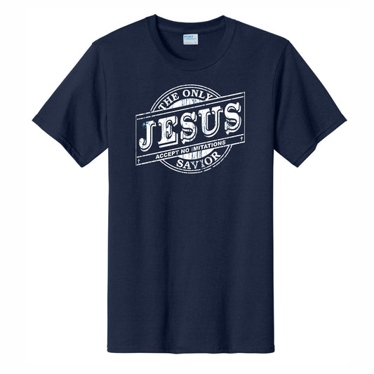 Jesus Only Savior No Imitations Men's Christian T-Shirt (Navy)