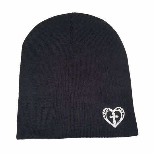 Navy Blue Fitted Skull Cap Beanie With Silver Sparkle Heart Cross