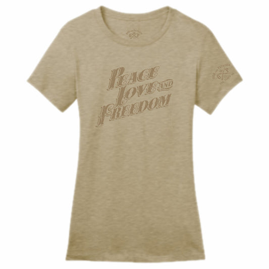 Peace Love And Freedom Women's Patriotic T-Shirt (heather tan)