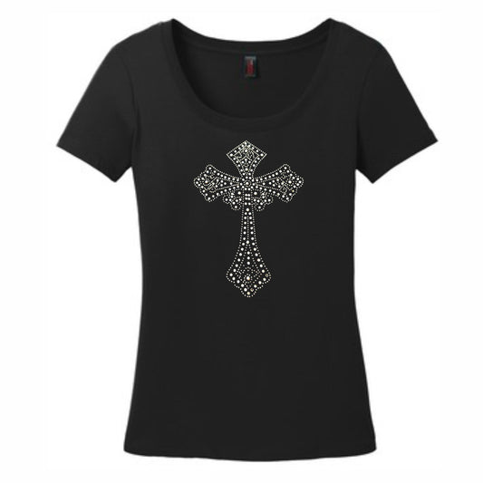 Rhinestone Bling Cross Women's Christian Scoop Neck T-Shirt (black)