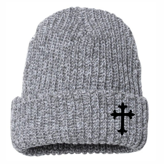 Saints Latin Cross Cuffed Chunky Knit Beanie Gray / White