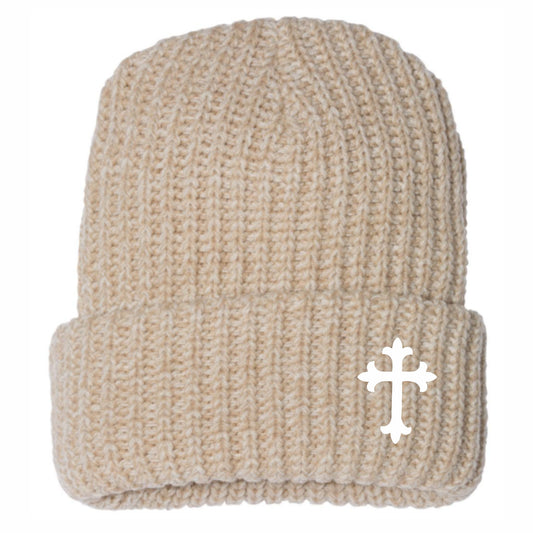 Saints Latin Cross Cuffed Chunky Knit Beanie Oatmeal (Tan)