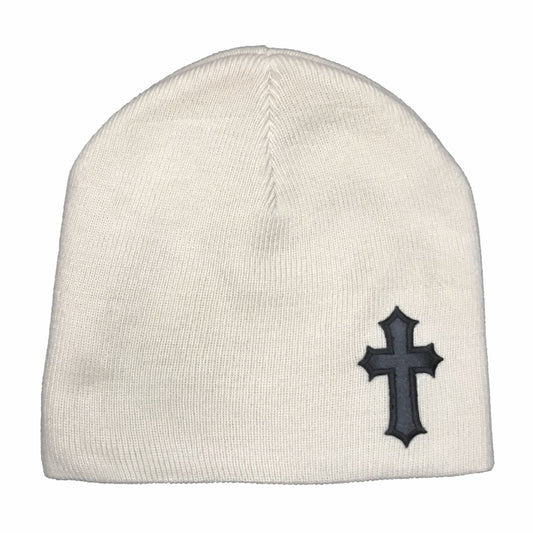 Sand Fitted Skull Cap Beanie With Black Satin Christian Cross