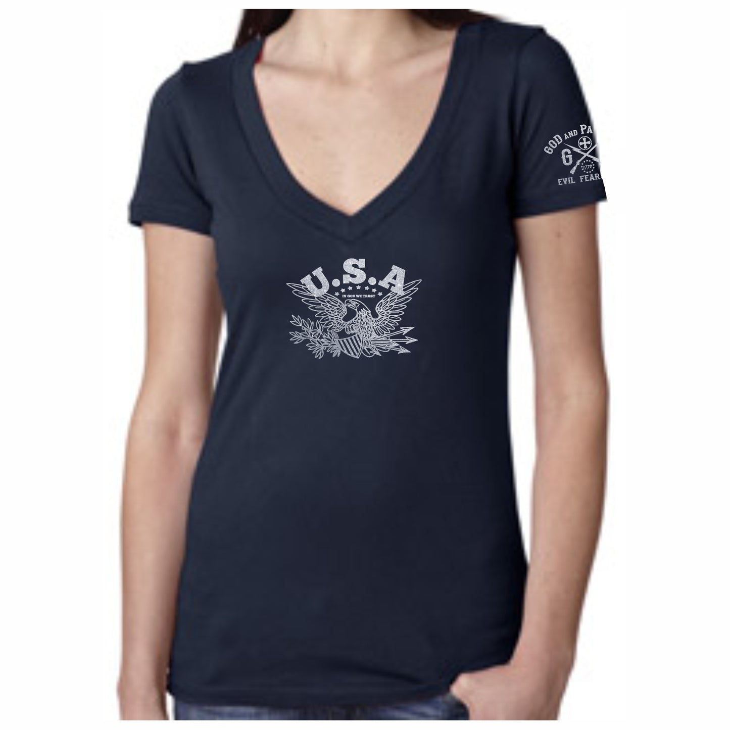 USA Eagle Seal In God We Trust Women's Patriotic Deep V Neck T-Shirt (black)