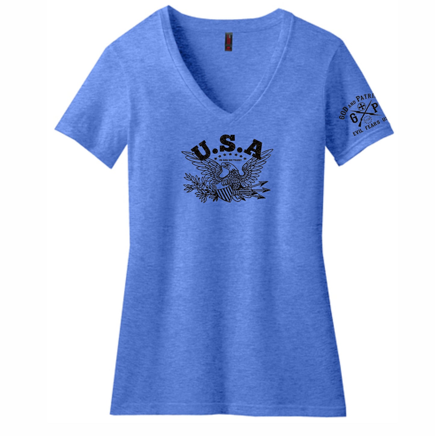USA Eagle Seal In God We Trust Women's Patriotic V Neck T-Shirt (blue)