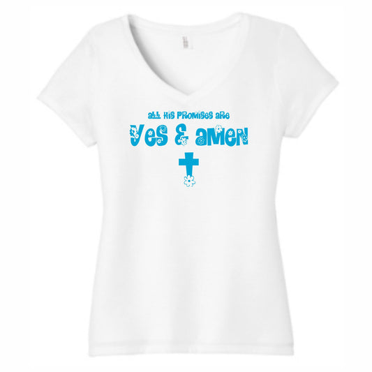 All His Promises Yes And Amen Women's Christian V-Neck T-Shirt (white)